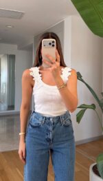 White Lace Strap Ribbed Tank Top