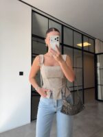 Beige Linen Sleeveless Peplum Top