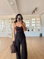 Brown Lace Trim Camisole Bodysuit