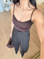 Brown Lace Trim Camisole Bodysuit - Image 2
