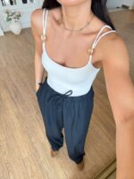 White Bodysuit With Gold Button Straps