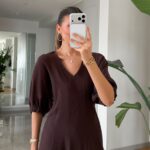 Brown Puff Sleeve V-Neck Midi Dress