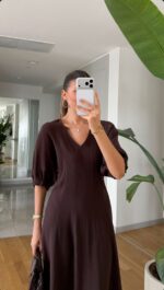Brown Puff Sleeve V-Neck Midi Dress