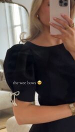 Black Puff Sleeve Top With Pearl Tie - Image 2