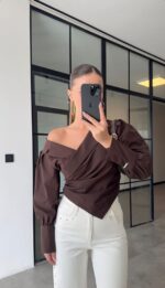 Brown Asymmetric Off Shoulder Blouse