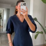 Navy Puff Sleeve Midi Dress