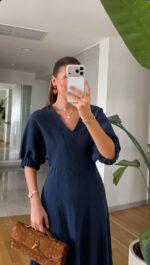 Navy Puff Sleeve Midi Dress