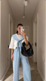 Light Blue Wide Leg Pants Set