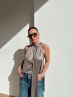 Metallic Silver Halter Neck Top - Image 2