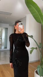 Black Sequin Mesh Long Sleeve Dress - Image 2