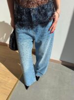 Blue High-Waisted Rhinestone Straight Jeans - Image 2