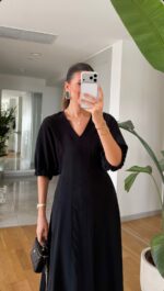 Black Puff Sleeve Midi Dress - Image 2