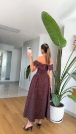 Burgundy Off Shoulder Polka Dot Dress - Image 3