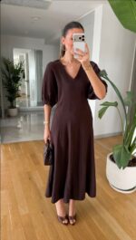 Brown Puff Sleeve V-Neck Midi Dress - Image 2