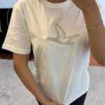 White T-Shirt With Rhinestone Bird Design