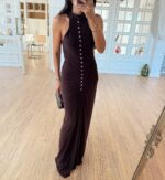 Brown Halter Neck Button Detail Dress - Image 2