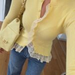 Yellow Ribbed Cardigan With Lace Hem