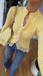 Yellow Ribbed Cardigan With Lace Hem