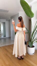 White Off Shoulder Polka Dot Midi Dress - Image 2