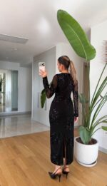 Black Sequin Mesh Long Sleeve Dress - Image 3