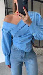 Blue Asymmetric Off Shoulder Blouse - Image 2
