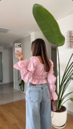 Pink Long Sleeve Smocked Crop Top - Image 2