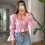 Pink Long Sleeve Smocked Crop Top