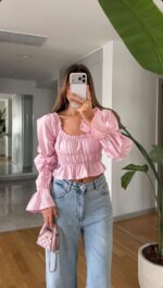 Pink Long Sleeve Smocked Crop Top