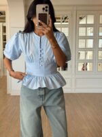 Light Blue Puff Sleeve Peplum Blouse