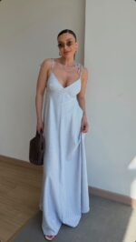 White Striped Spaghetti Strap Maxi Dress - Image 2