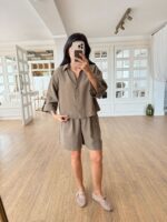 Khaki Button Up Shirt and Shorts Set - Image 4