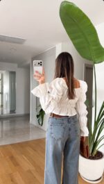 White Long Sleeve Smocked Crop Top - Image 2
