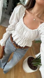 White Long Sleeve Smocked Crop Top - Image 3