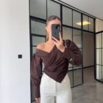 Brown Asymmetric Off Shoulder Blouse