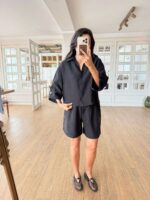 Black Button Up Shirt and Shorts Set - Image 3