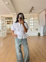 White Peplum Puff Sleeve Blouse - Image 2