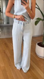 Light Wash Denim Top with Wide Leg Pants Set - Image 2