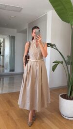 Sleeveless Beige Belted Midi Dress - Image 2
