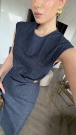 Sleeveless Dark Denim Midi Dress - Image 2