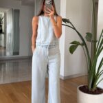 Light Wash Denim Top with Wide Leg Pants Set