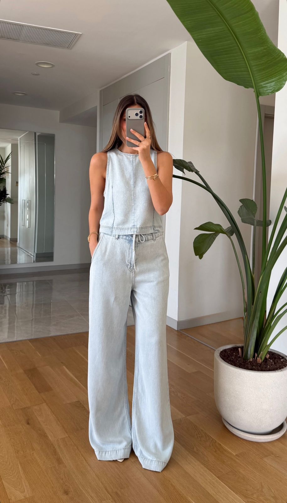 720558ab-05b8-48a7-a499-7b9b53be2c2e Light Wash Denim Top with Wide Leg Pants Set - Image 1