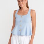 Blue Button Front Peplum Tank Top