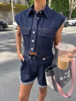 Women's Dark Denim Vest and Shorts Set - Image 2