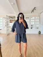 Navy Button Up Shirt and Shorts Set - Image 3