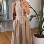 Sleeveless Beige Belted Midi Dress