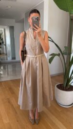 Sleeveless Beige Belted Midi Dress