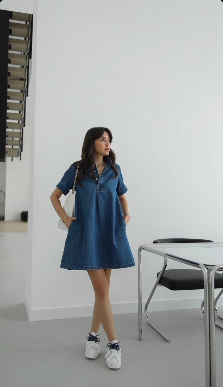 WhatsApp Image 2026-04-01 at 12.31.37 PM Blue Denim Short Sleeve Dress - Image 1
