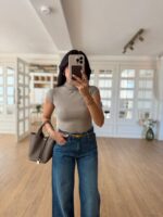 Short Sleeve Mock Neck Beige Top