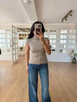 Short Sleeve Mock Neck Beige Top - Image 2