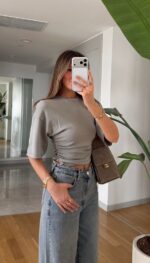 Gray Short Sleeve Fitted Top - Image 2